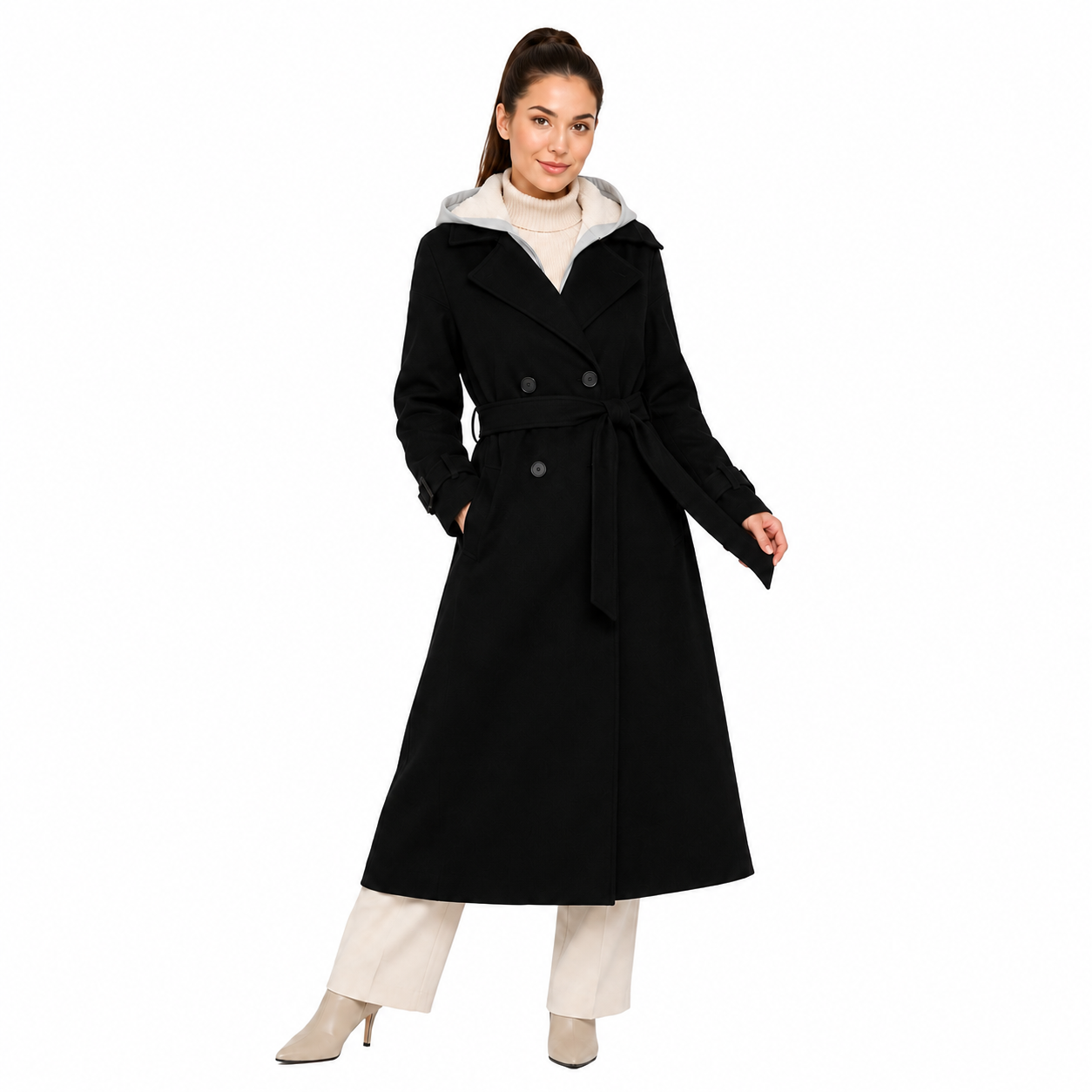 Manteau Long Femme à Capuche – Coupe Oversize avec Ceinture