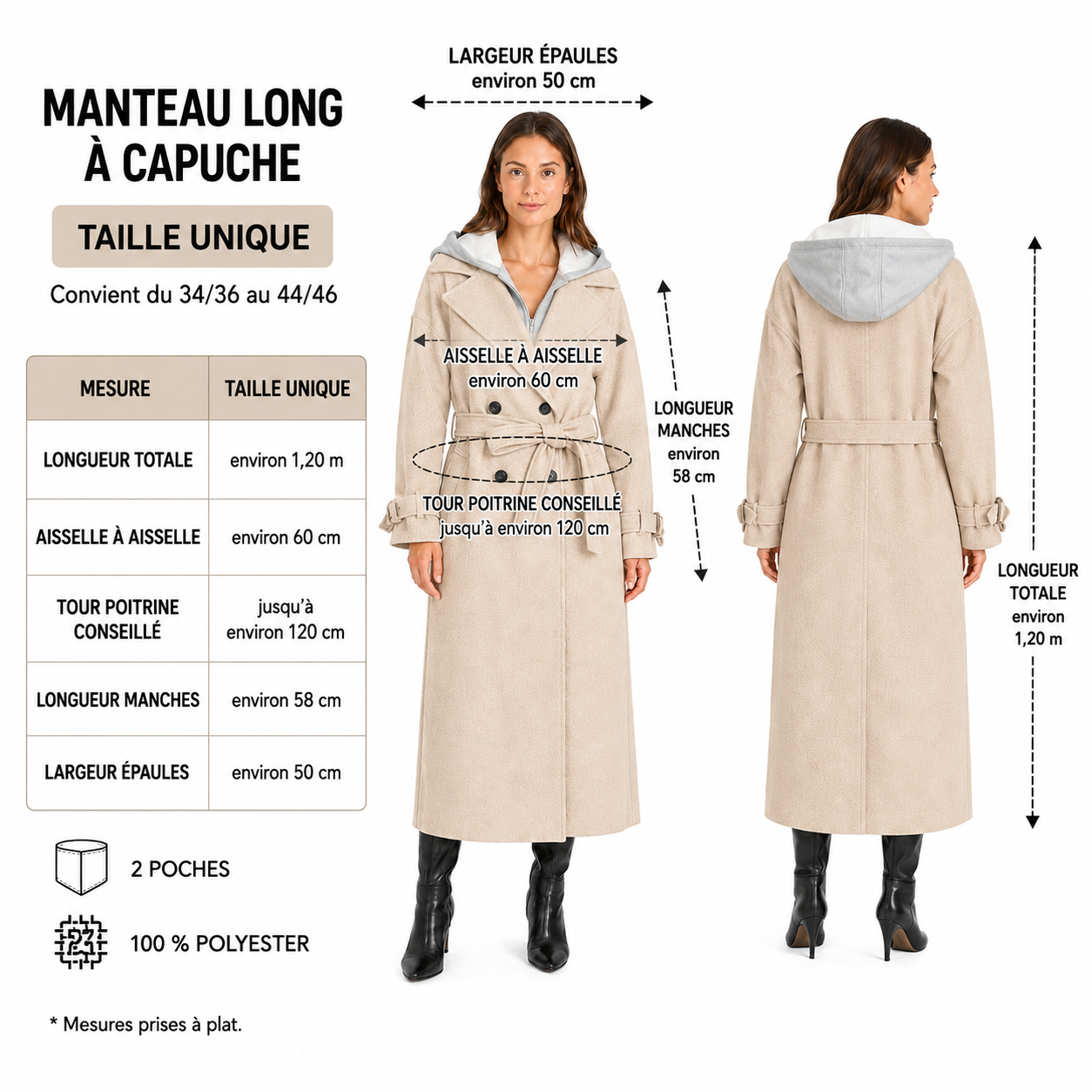Manteau Long Femme à Capuche – Coupe Oversize avec Ceinture