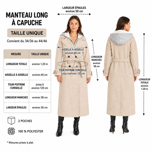 Manteau Long Femme à Capuche – Coupe Oversize avec Ceinture