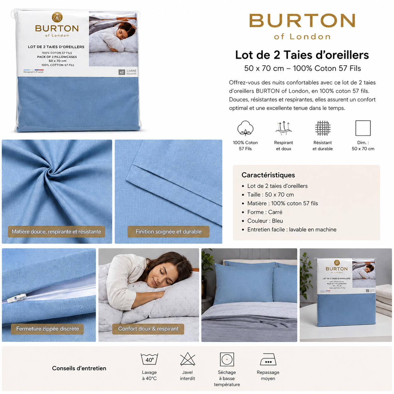 Taies d’Oreillers BURTON of London – housse d'oreiller Douces, Respirantes et Résistantes pour la maison, la chambre et le dortoir