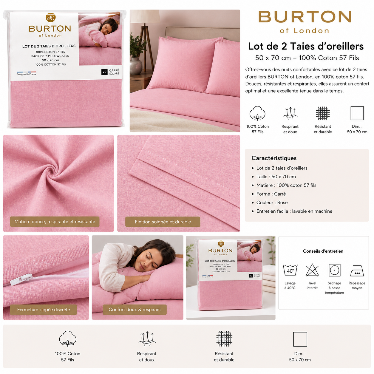 Taies d’Oreillers BURTON of London – housse d'oreiller Douces, Respirantes et Résistantes pour la maison, la chambre et le dortoir