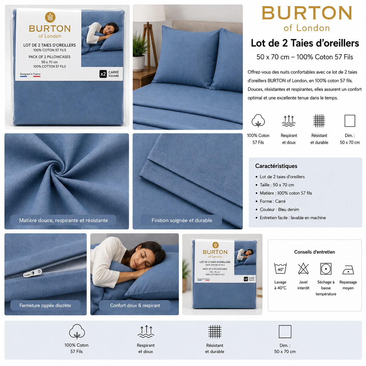 Taies d’Oreillers BURTON of London – housse d'oreiller Douces, Respirantes et Résistantes pour la maison, la chambre et le dortoir