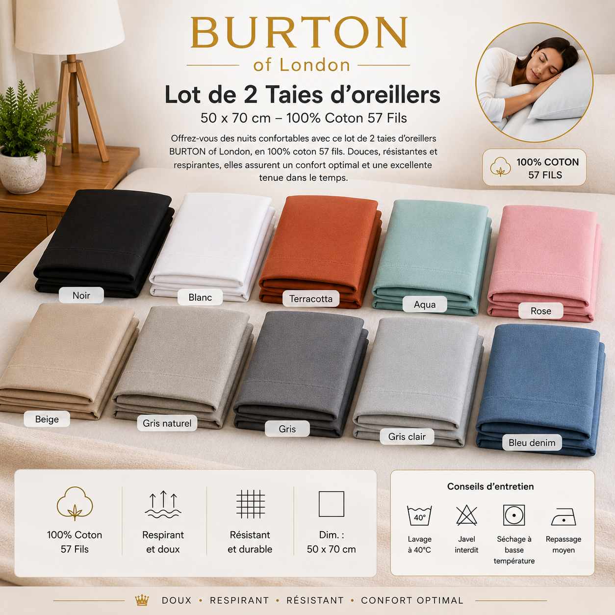 Taies d’Oreillers BURTON of London – housse d'oreiller Douces, Respirantes et Résistantes pour la maison, la chambre et le dortoir