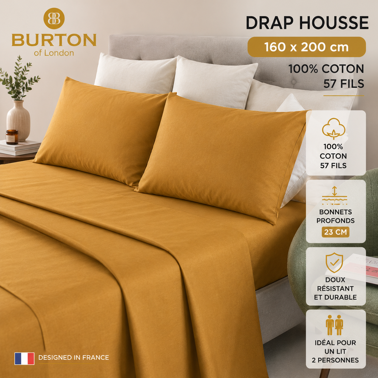 Drap-Housse 2 Places  Burton of London – 100% Coton 57 Fils – Doux, Confortable, Résistant et Durable
