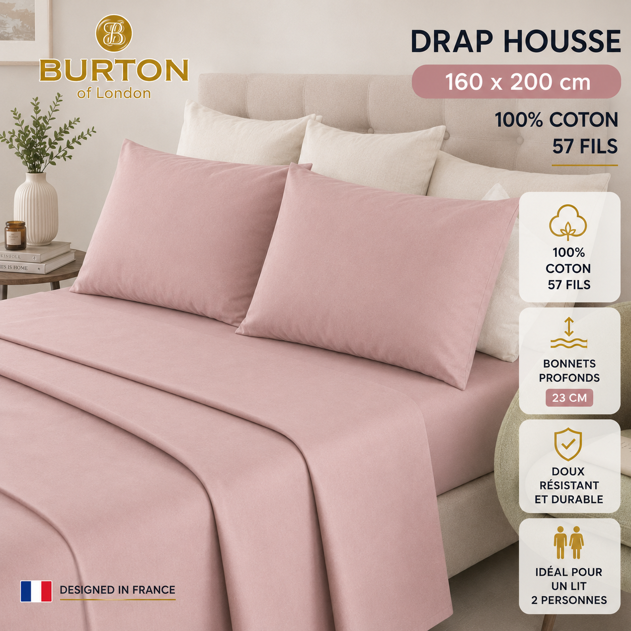 Drap-Housse 2 Places  Burton of London – 100% Coton 57 Fils – Doux, Confortable, Résistant et Durable