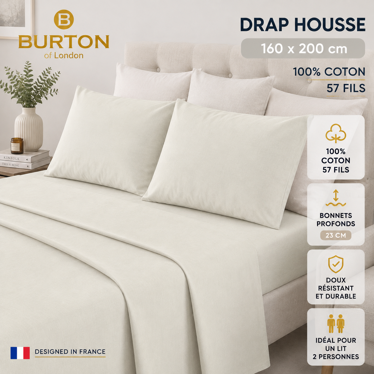 Drap-Housse 2 Places  Burton of London – 100% Coton 57 Fils – Doux, Confortable, Résistant et Durable