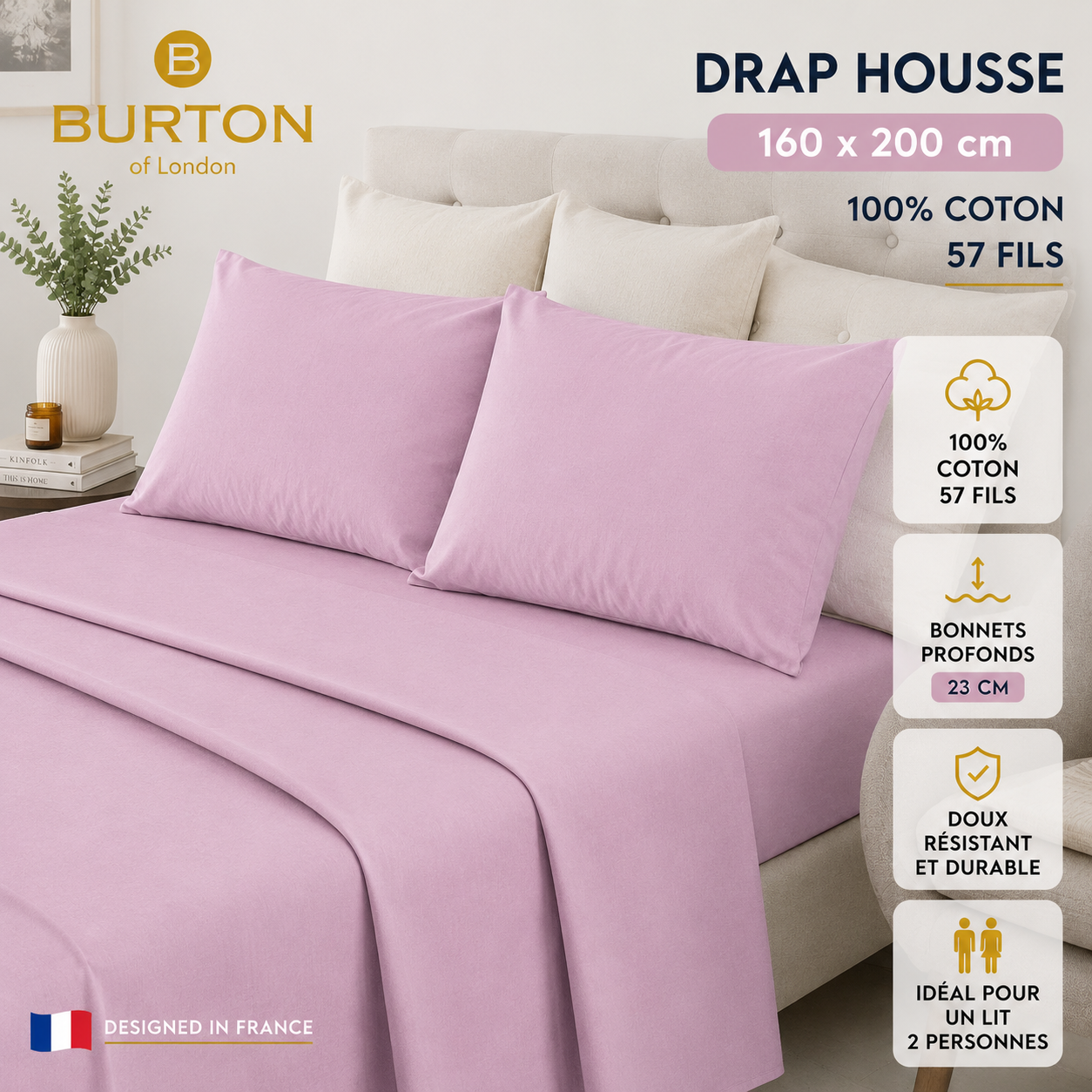 Drap-Housse 2 Places  Burton of London – 100% Coton 57 Fils – Doux, Confortable, Résistant et Durable