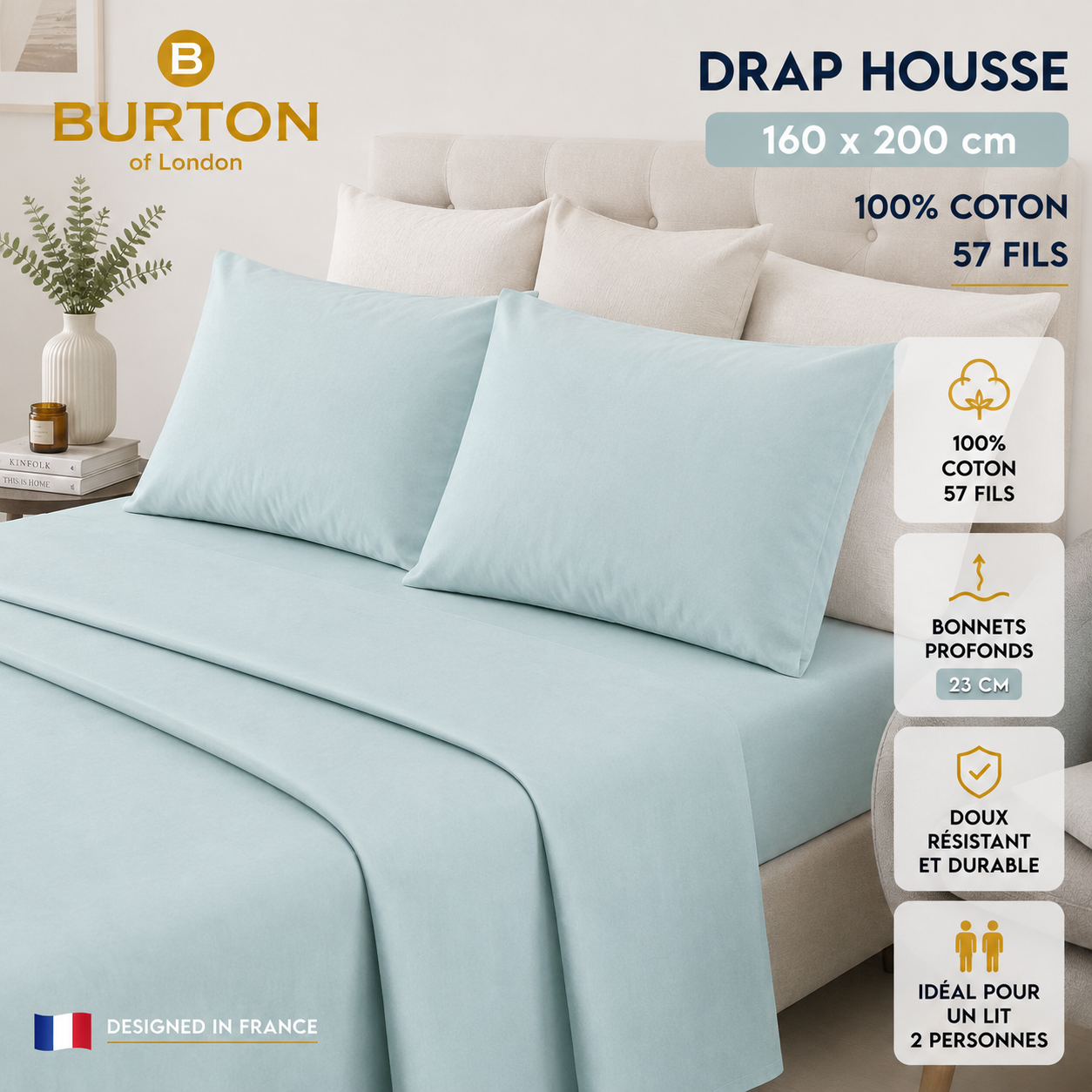 Drap-Housse 2 Places  Burton of London – 100% Coton 57 Fils – Doux, Confortable, Résistant et Durable