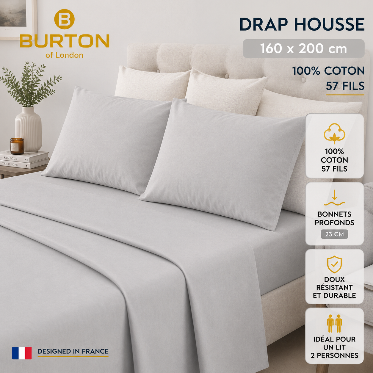Drap-Housse 2 Places  Burton of London – 100% Coton 57 Fils – Doux, Confortable, Résistant et Durable