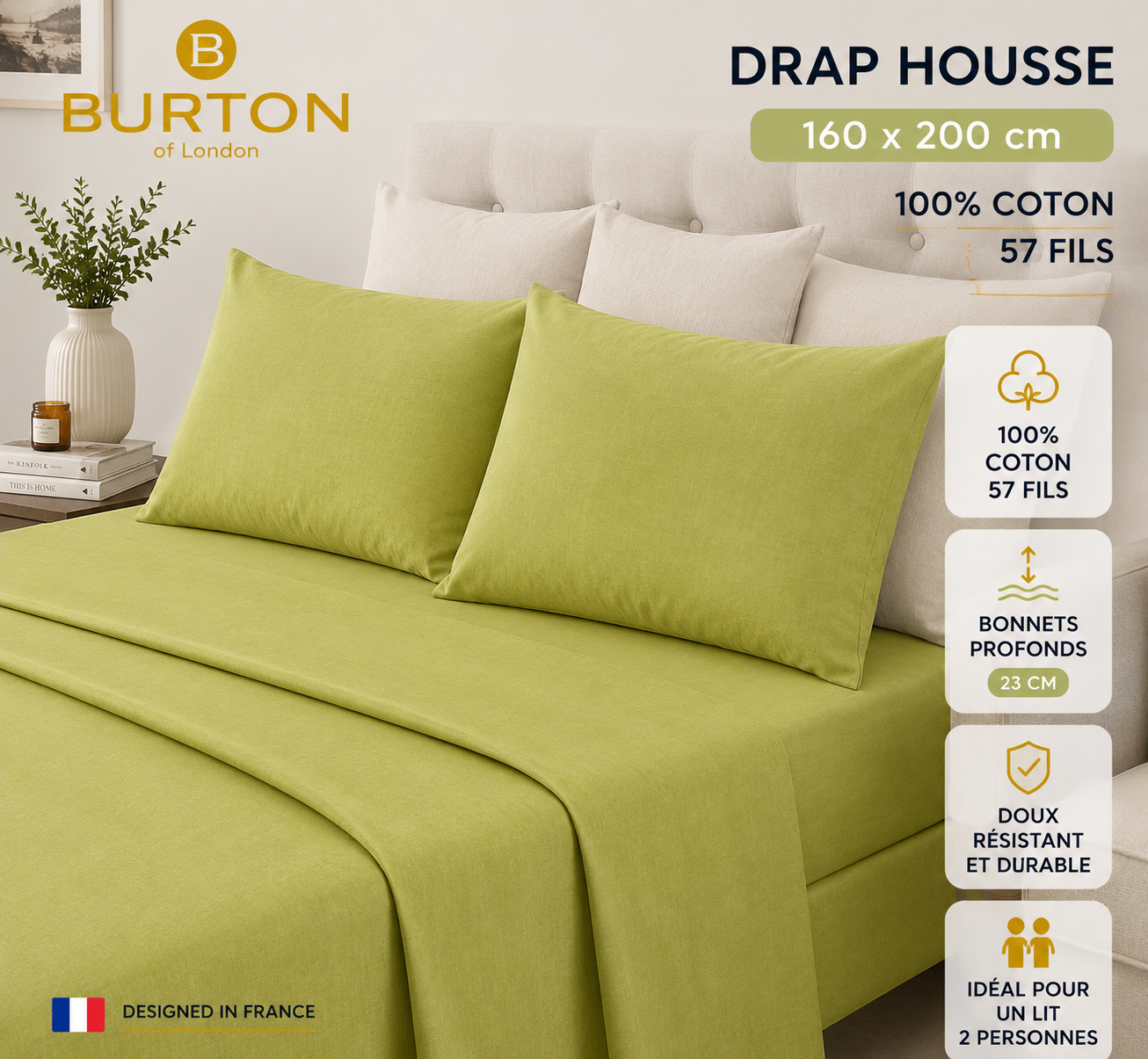Drap-Housse 2 Places  Burton of London – 100% Coton 57 Fils – Doux, Confortable, Résistant et Durable