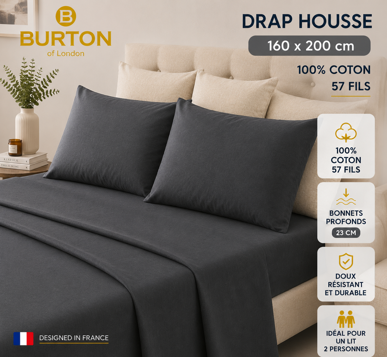 Drap-Housse 2 Places  Burton of London – 100% Coton 57 Fils – Doux, Confortable, Résistant et Durable
