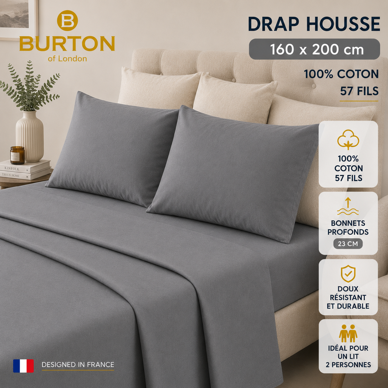 Drap-Housse 2 Places  Burton of London – 100% Coton 57 Fils – Doux, Confortable, Résistant et Durable