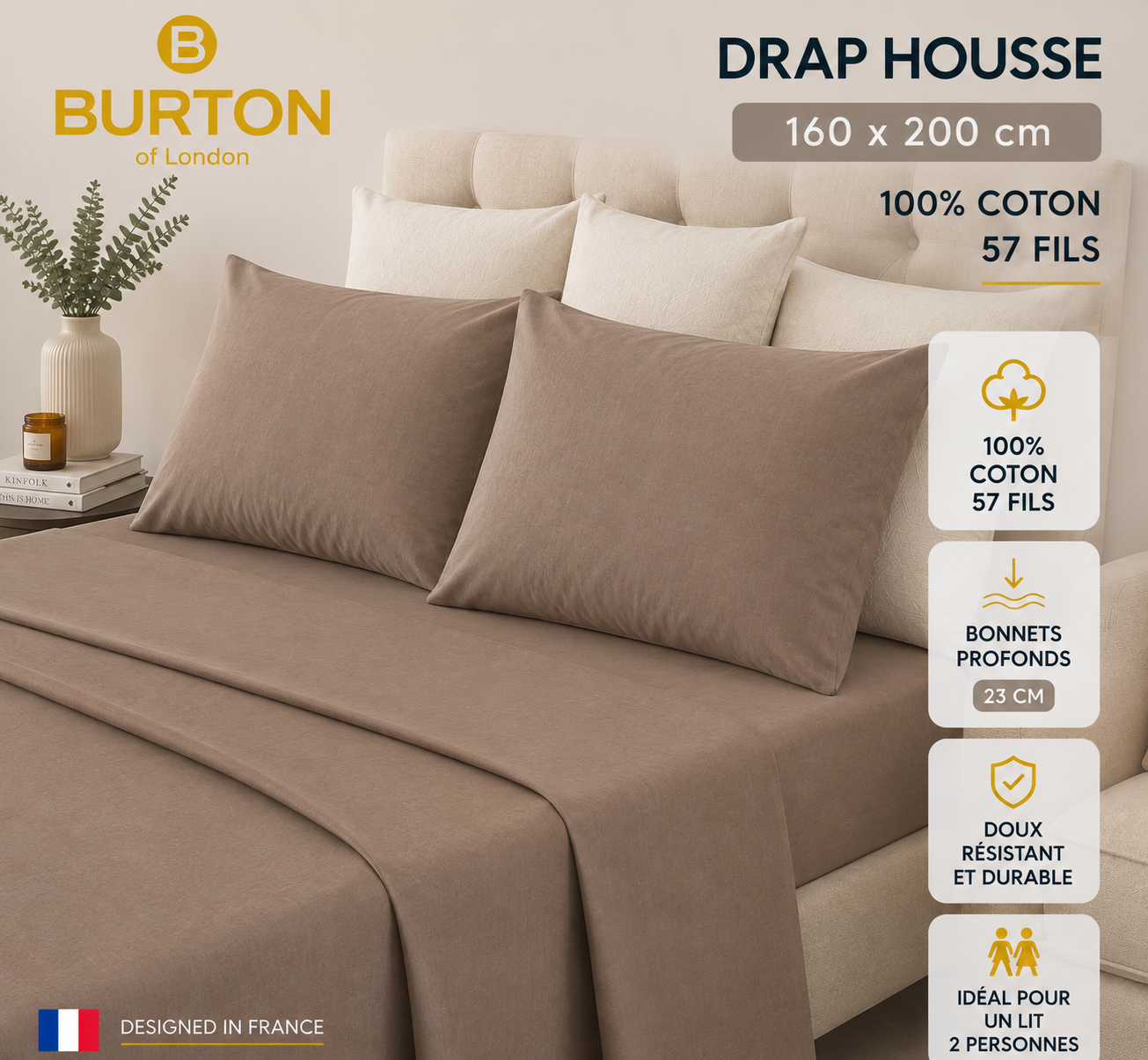 Drap-Housse 2 Places  Burton of London – 100% Coton 57 Fils – Doux, Confortable, Résistant et Durable