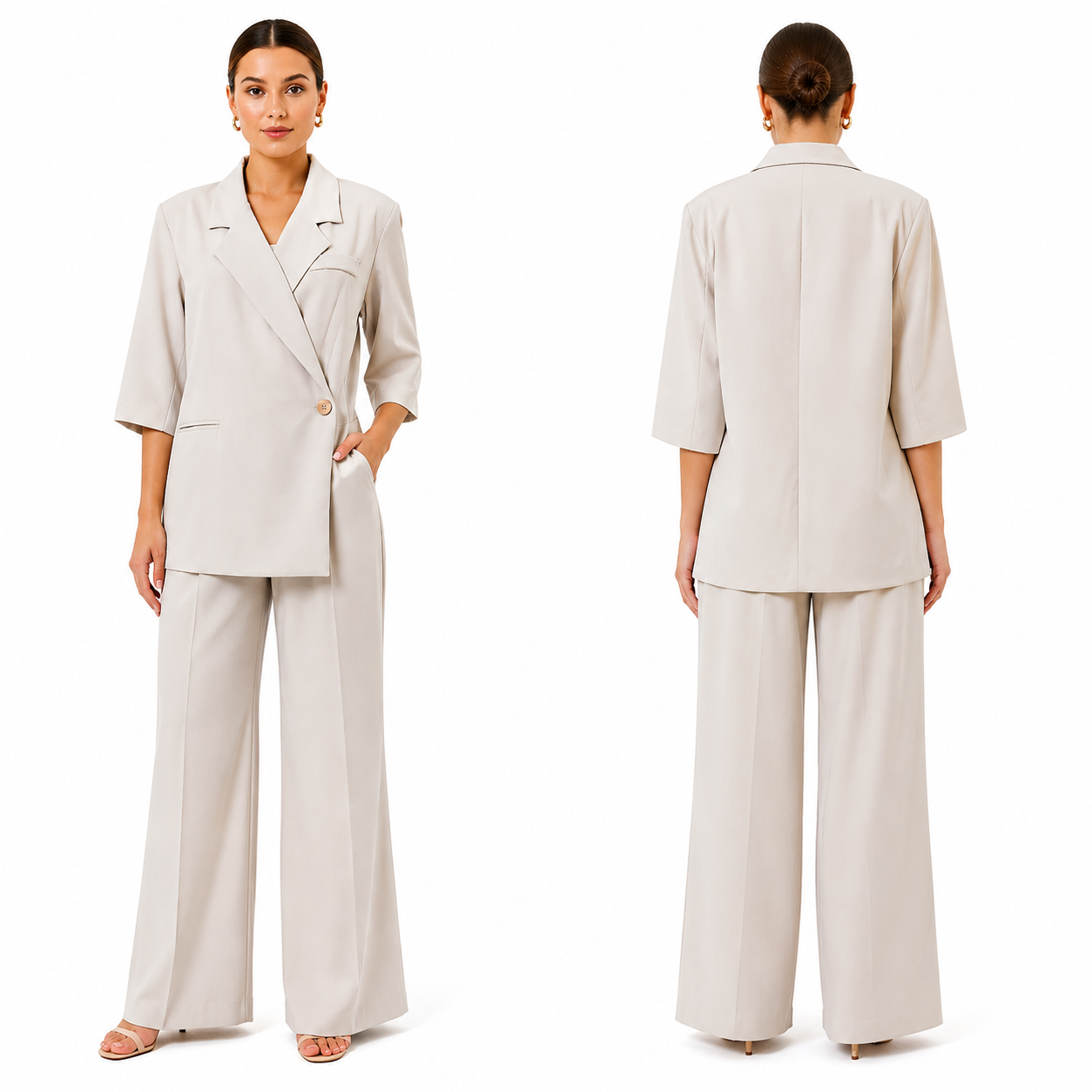 Ensemble tailleur femme oversize manches 3/4 blazer + pantalon large élégant