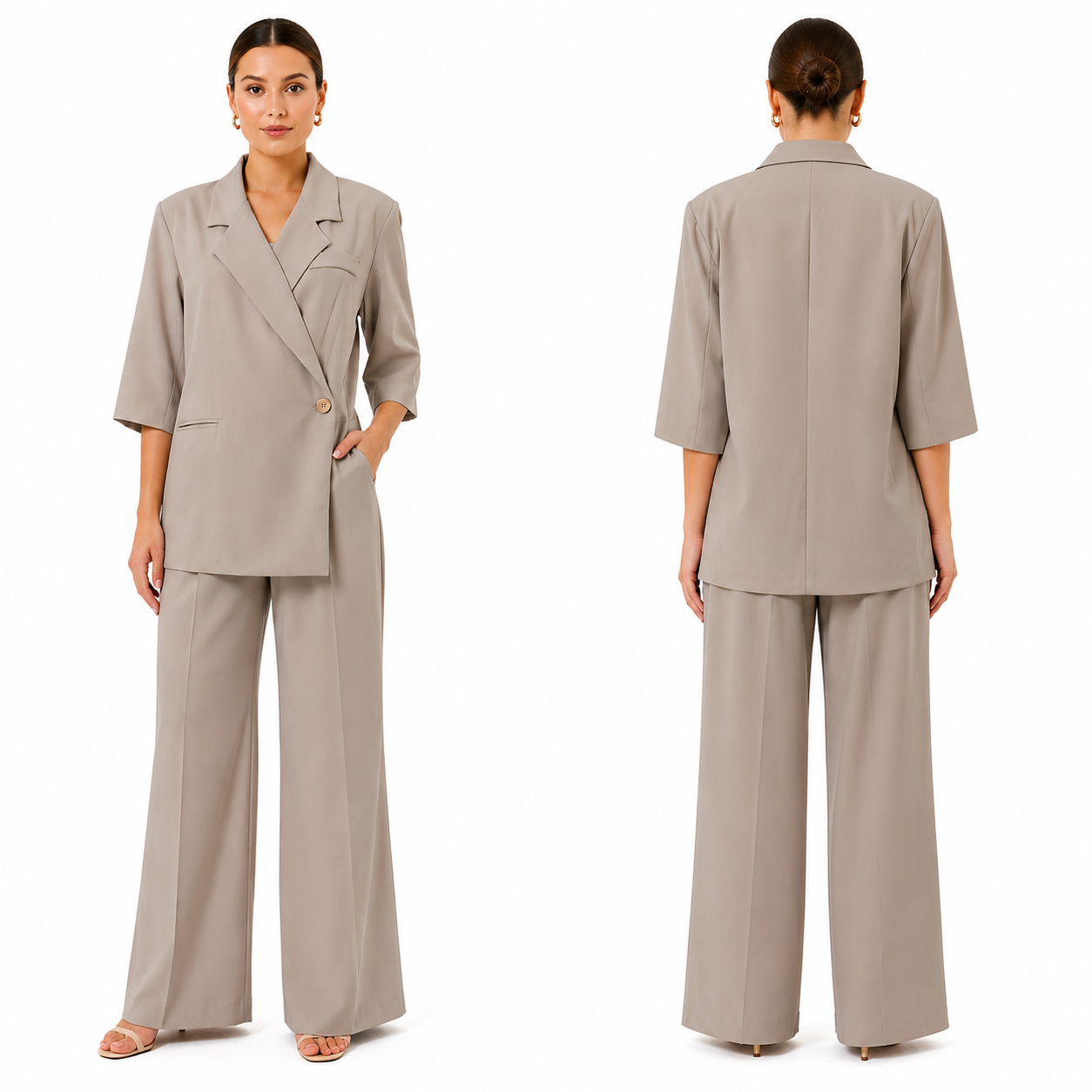 Ensemble tailleur femme oversize manches 3/4 blazer + pantalon large élégant