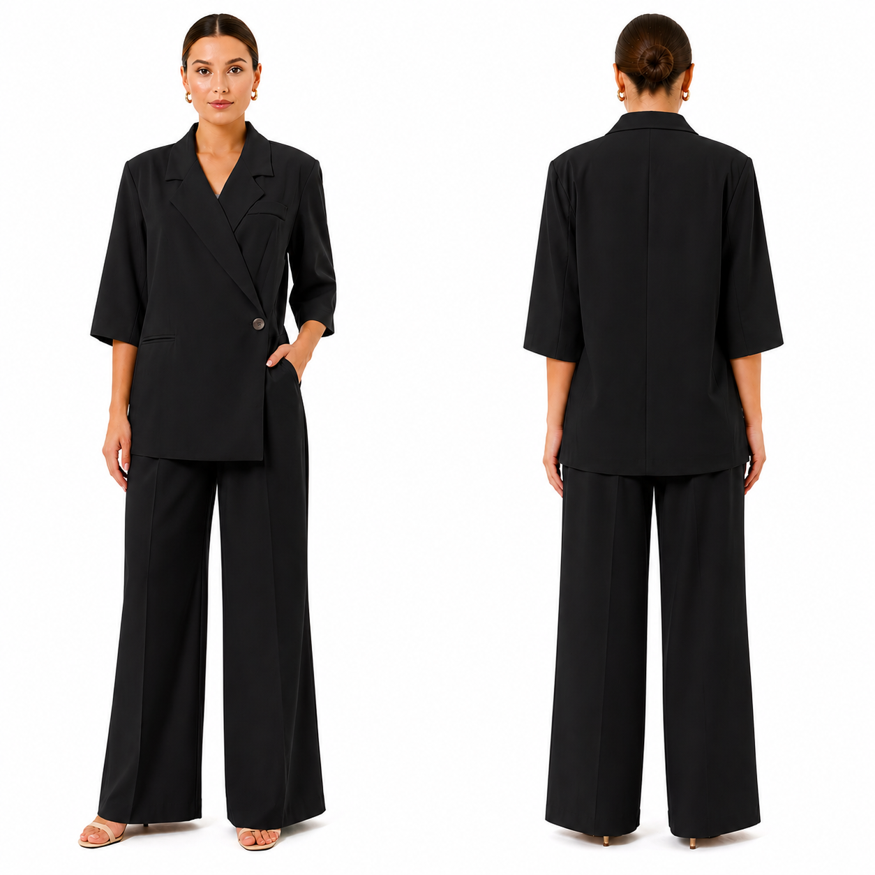 Ensemble tailleur femme oversize manches 3/4 blazer + pantalon large élégant