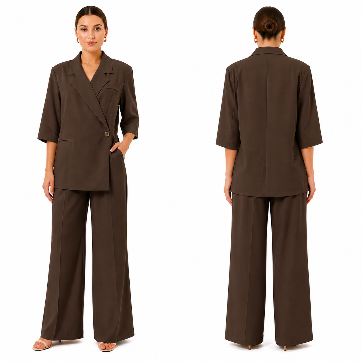 Ensemble tailleur femme oversize manches 3/4 blazer + pantalon large élégant