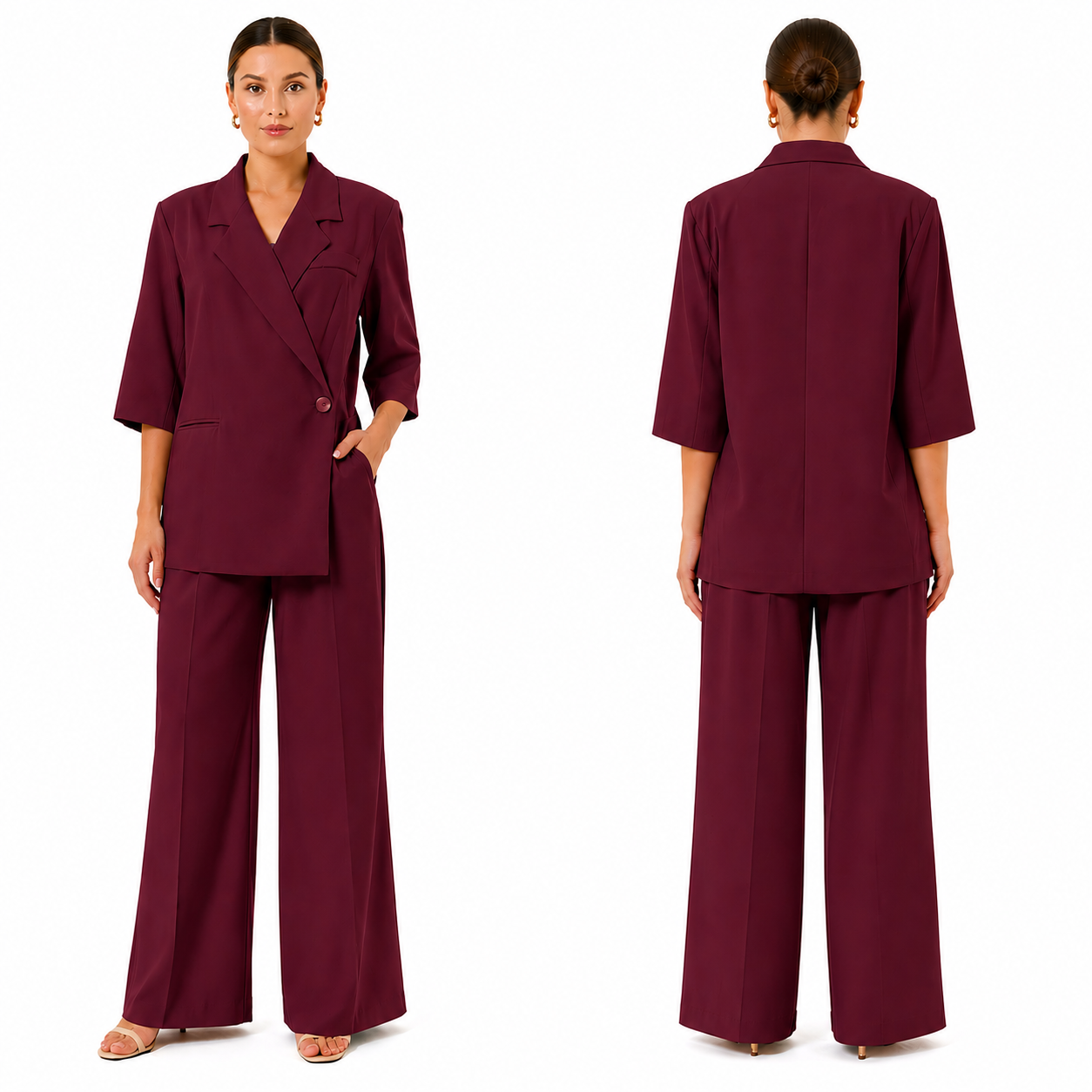 Ensemble tailleur femme oversize manches 3/4 blazer + pantalon large élégant