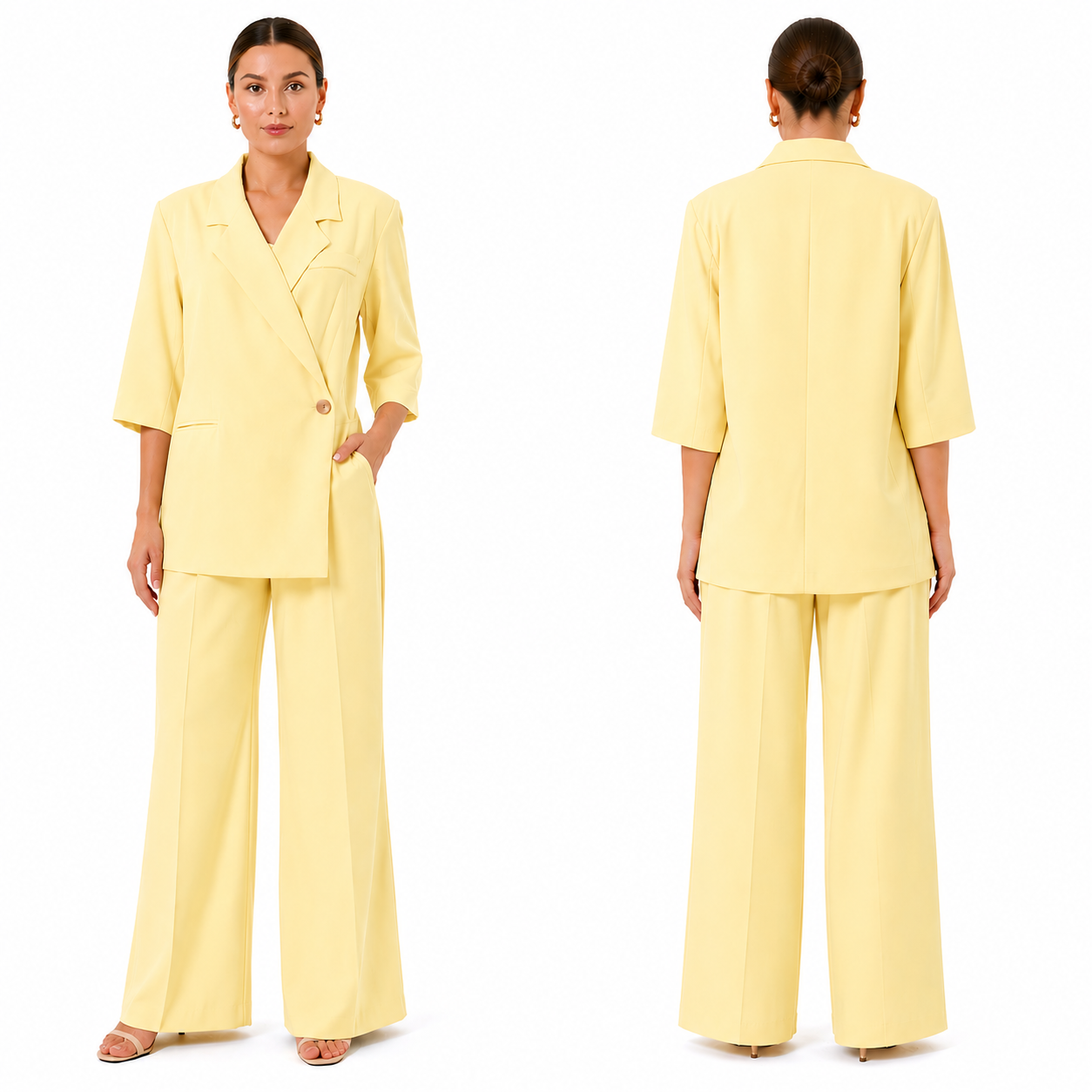 Ensemble tailleur femme oversize manches 3/4 blazer + pantalon large élégant