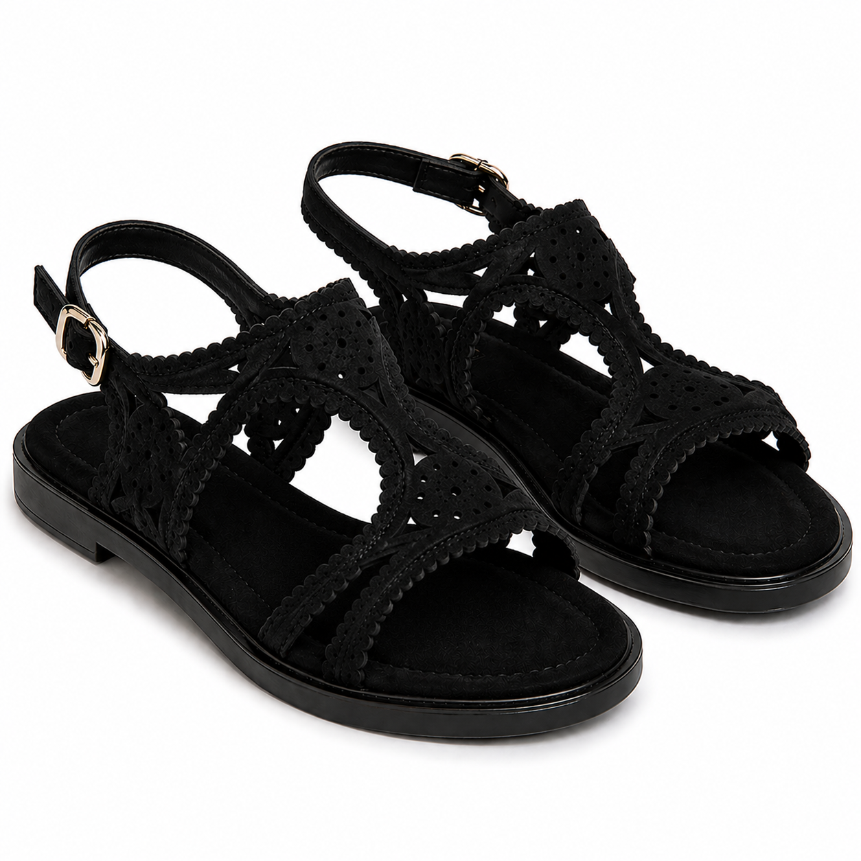 Sandales femme plates effet daim ajourées boucle dorée confort été élégant
