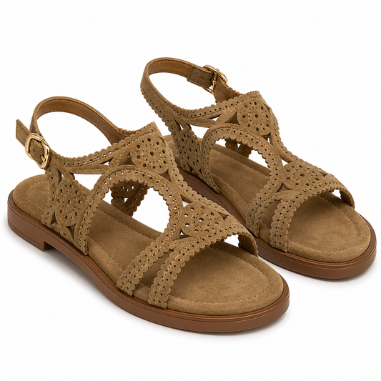 Women's flat suede-effect sandals, cut-out with gold buckle, comfortable, elegant summer