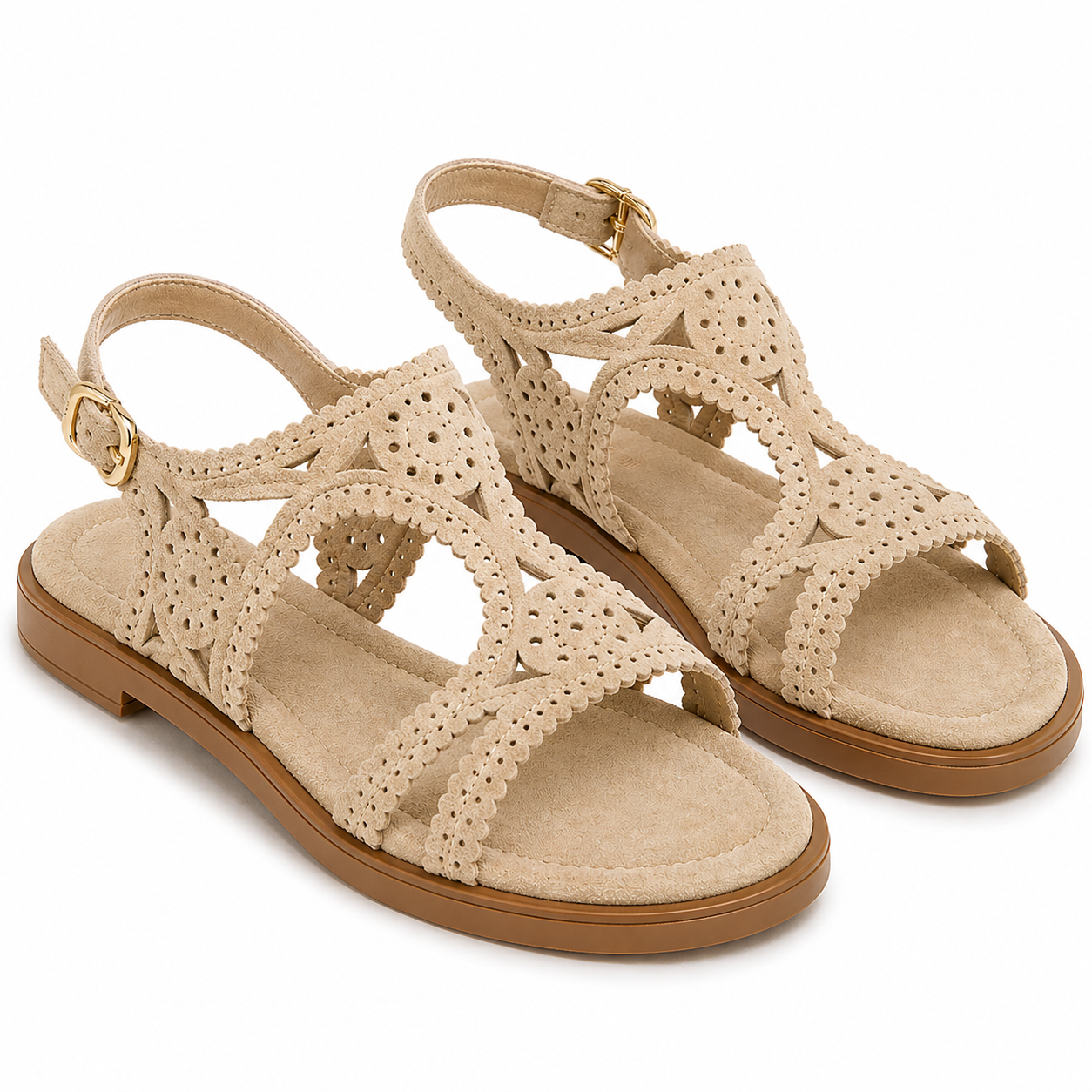 Sandales femme plates effet daim ajourées boucle dorée confort été élégant