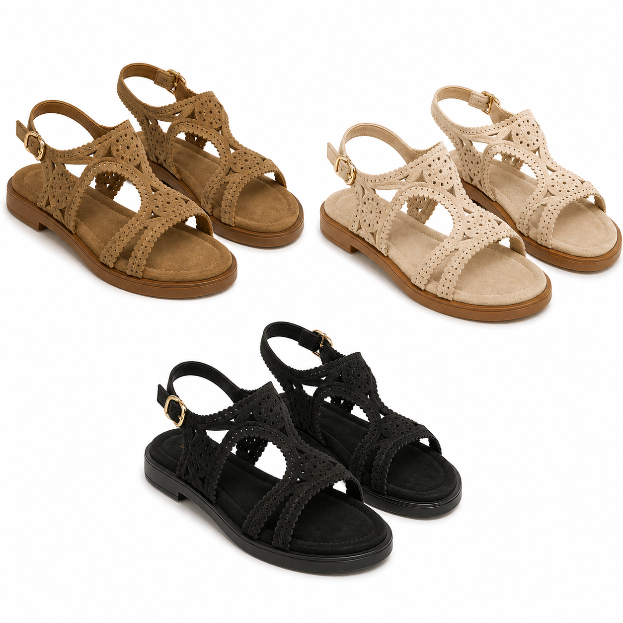 Sandales femme plates effet daim ajourées boucle dorée confort été élégant