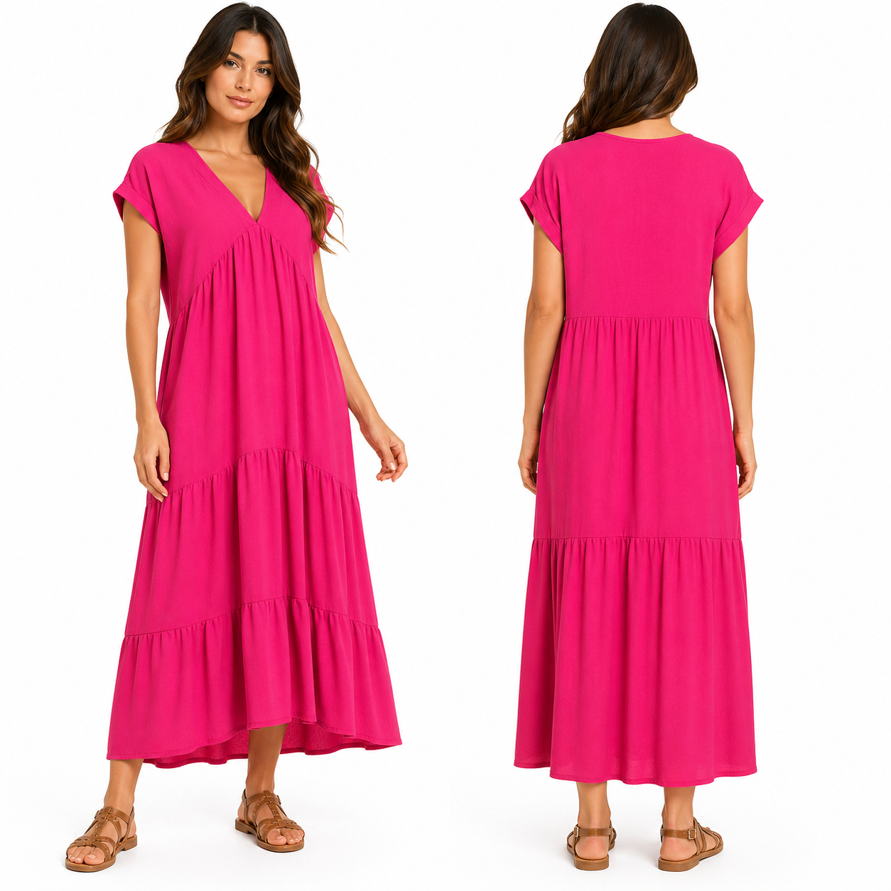 Robe Longue Fluide Femme 3 Volants – Col V Élégant & Coupe Ample Taille Unique