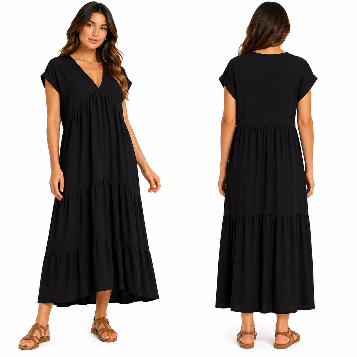 Robe Longue Fluide Femme 3 Volants – Col V Élégant & Coupe Ample Taille Unique
