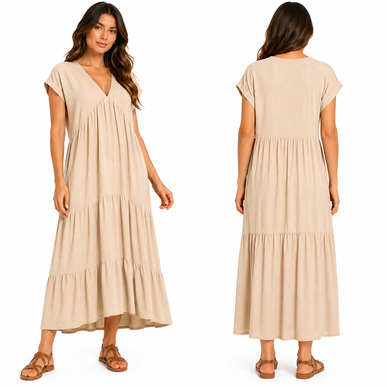 Robe Longue Fluide Femme 3 Volants – Col V Élégant & Coupe Ample Taille Unique