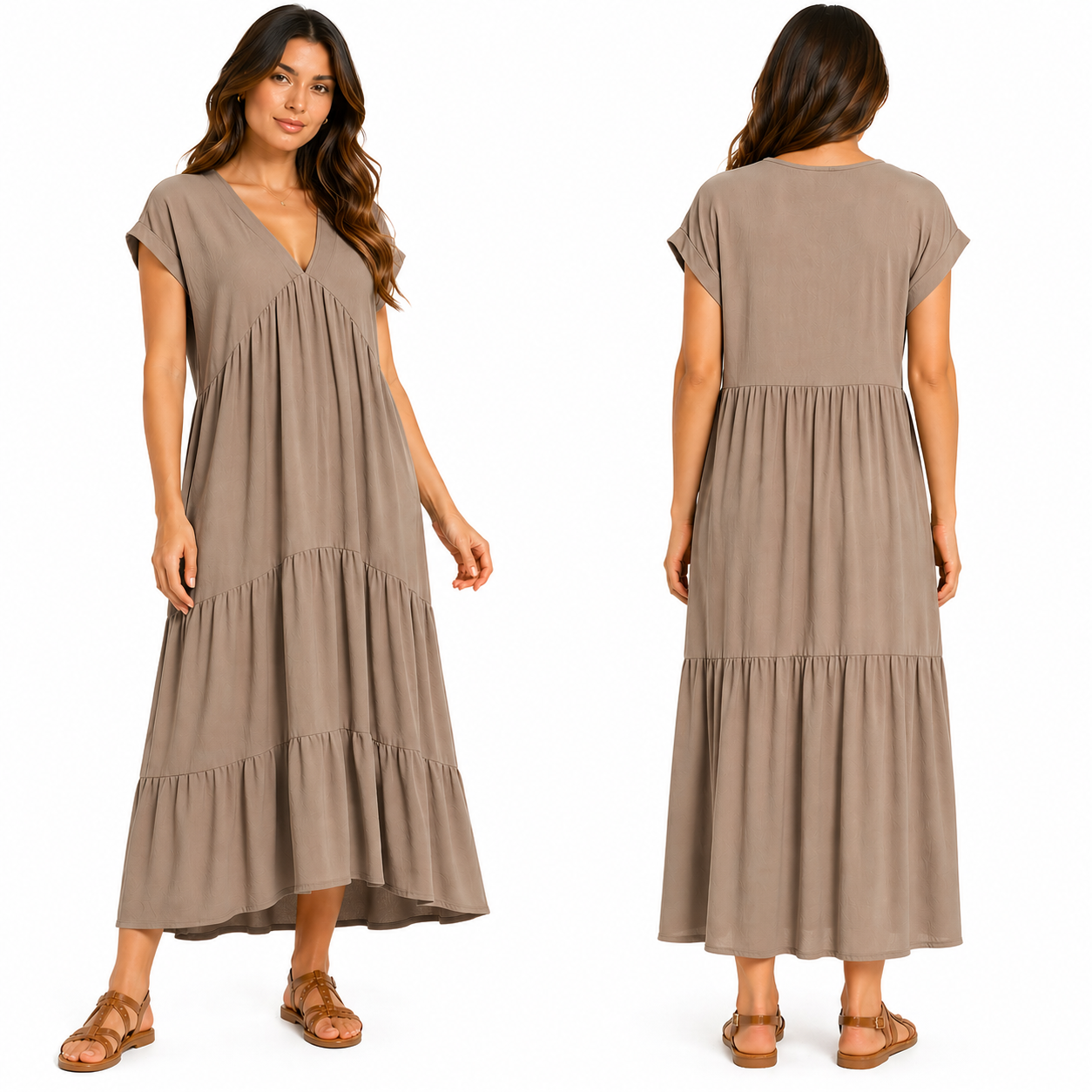 Robe Longue Fluide Femme 3 Volants – Col V Élégant & Coupe Ample Taille Unique