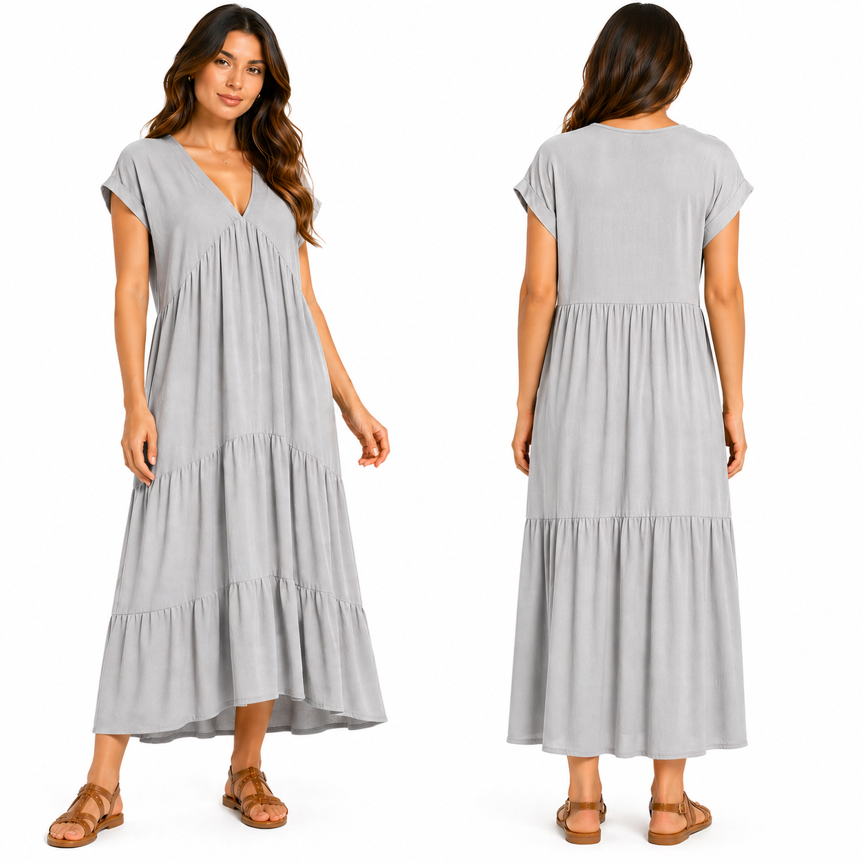 Robe Longue Fluide Femme 3 Volants – Col V Élégant & Coupe Ample Taille Unique
