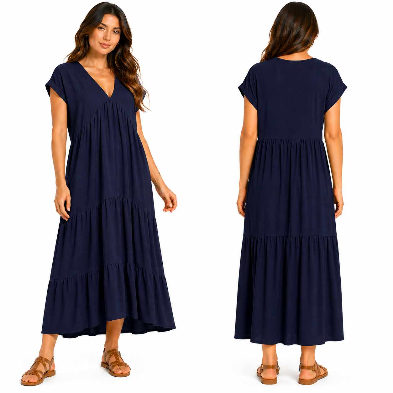 Robe Longue Fluide Femme 3 Volants – Col V Élégant & Coupe Ample Taille Unique