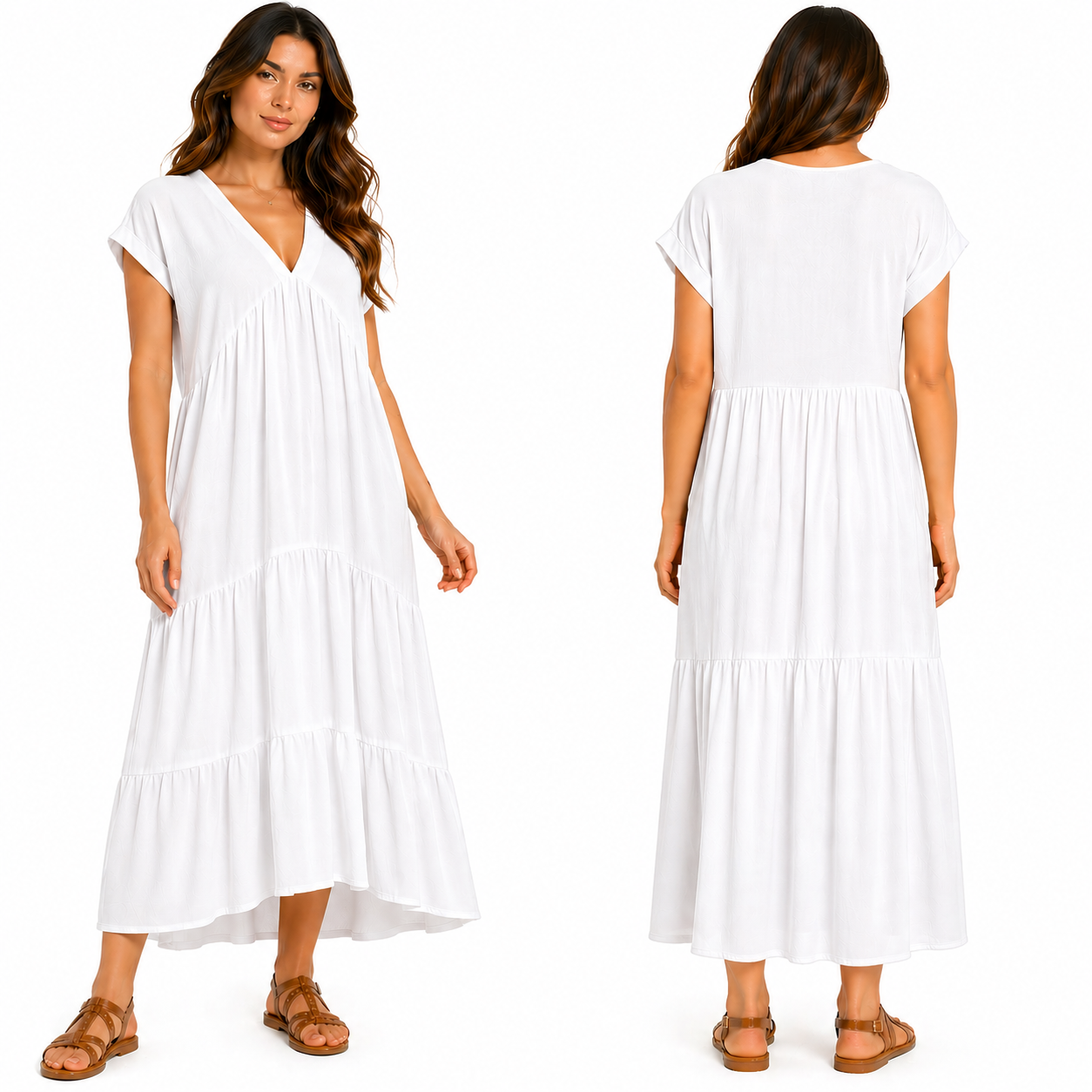 Robe Longue Fluide Femme 3 Volants – Col V Élégant & Coupe Ample Taille Unique