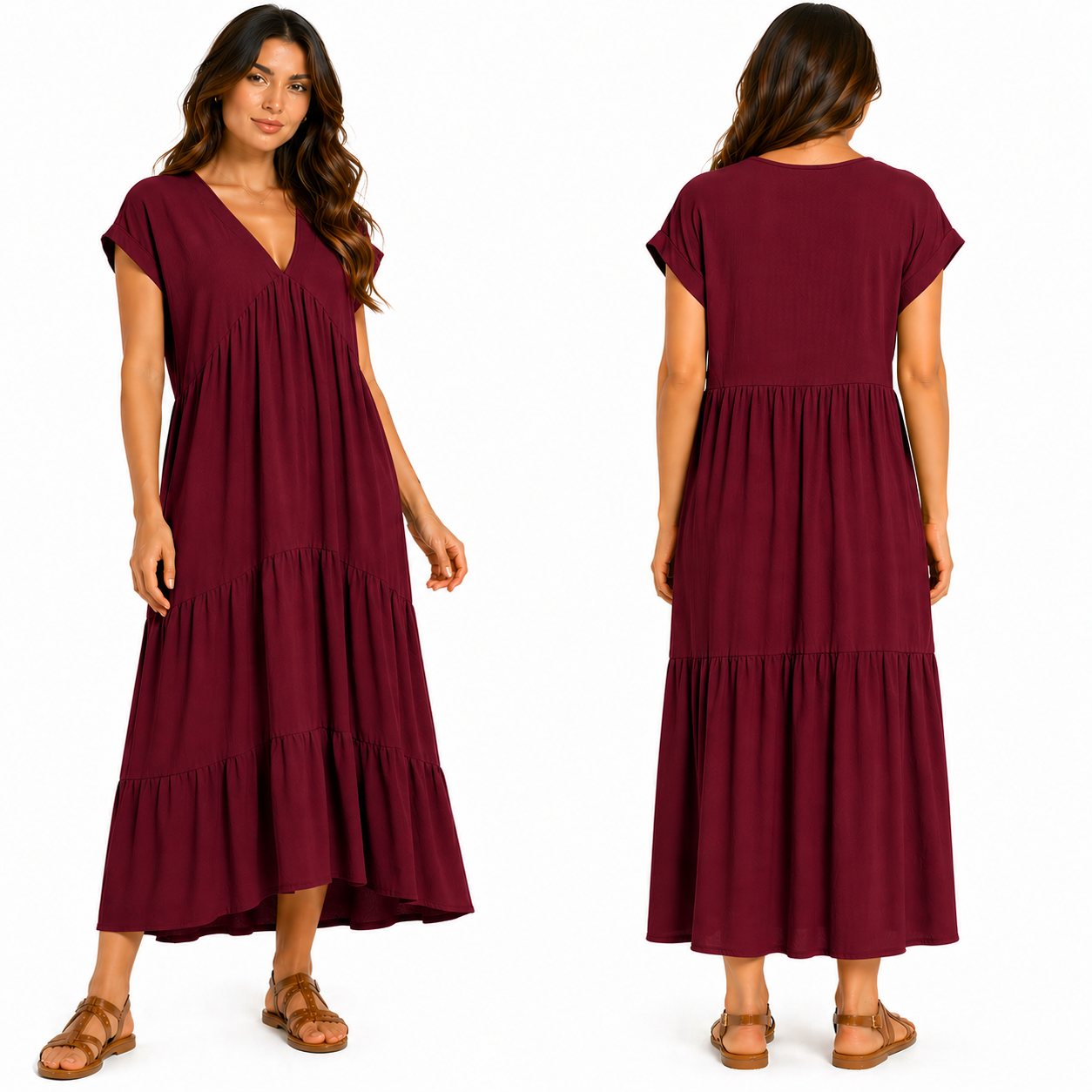 Robe Longue Fluide Femme 3 Volants – Col V Élégant & Coupe Ample Taille Unique