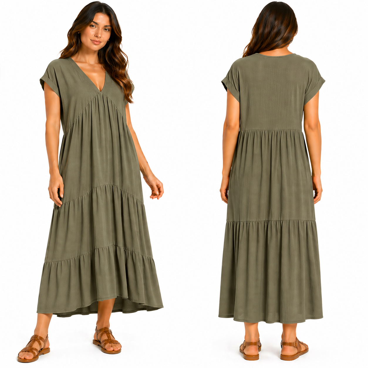 Robe Longue Fluide Femme 3 Volants – Col V Élégant & Coupe Ample Taille Unique