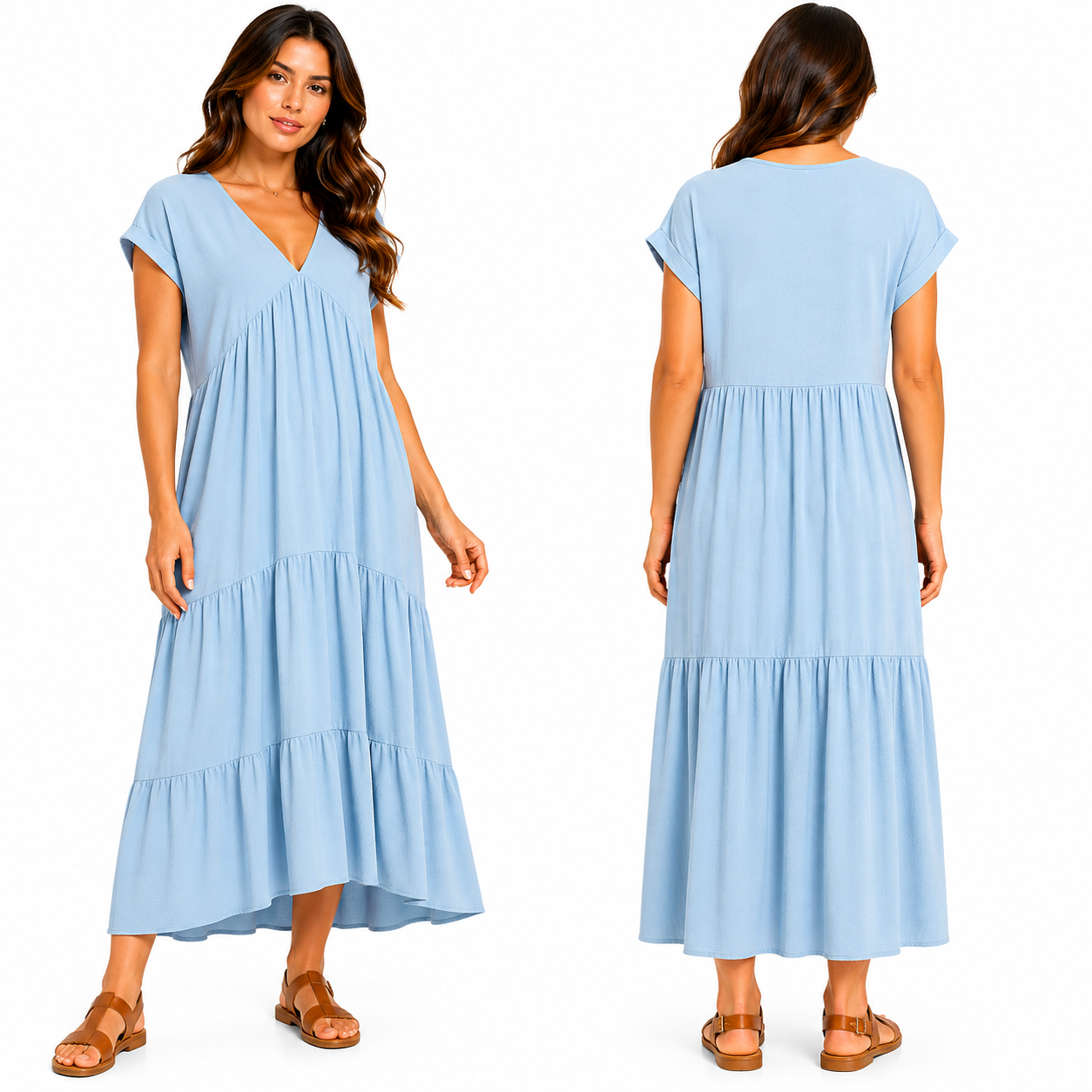 Robe Longue Fluide Femme 3 Volants – Col V Élégant & Coupe Ample Taille Unique