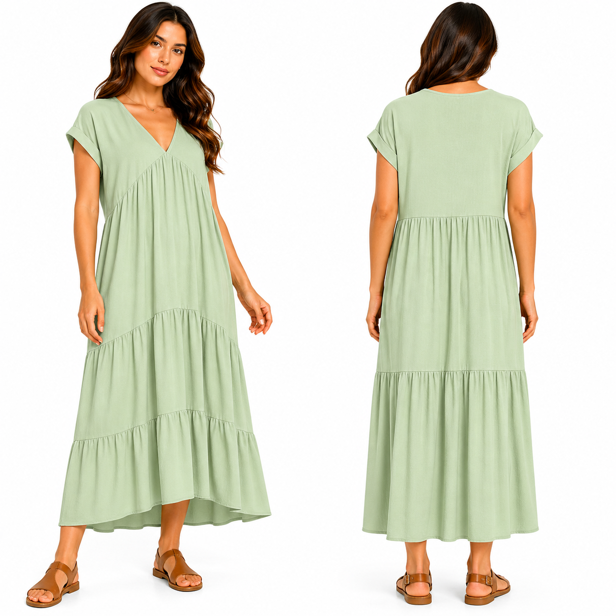 Robe Longue Fluide Femme 3 Volants – Col V Élégant & Coupe Ample Taille Unique