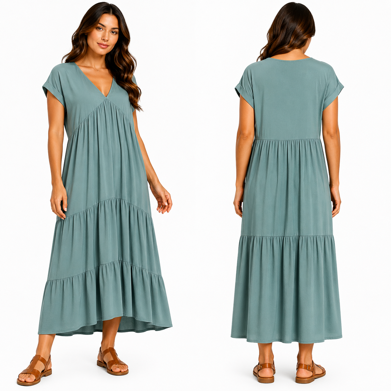 Robe Longue Fluide Femme 3 Volants – Col V Élégant & Coupe Ample Taille Unique