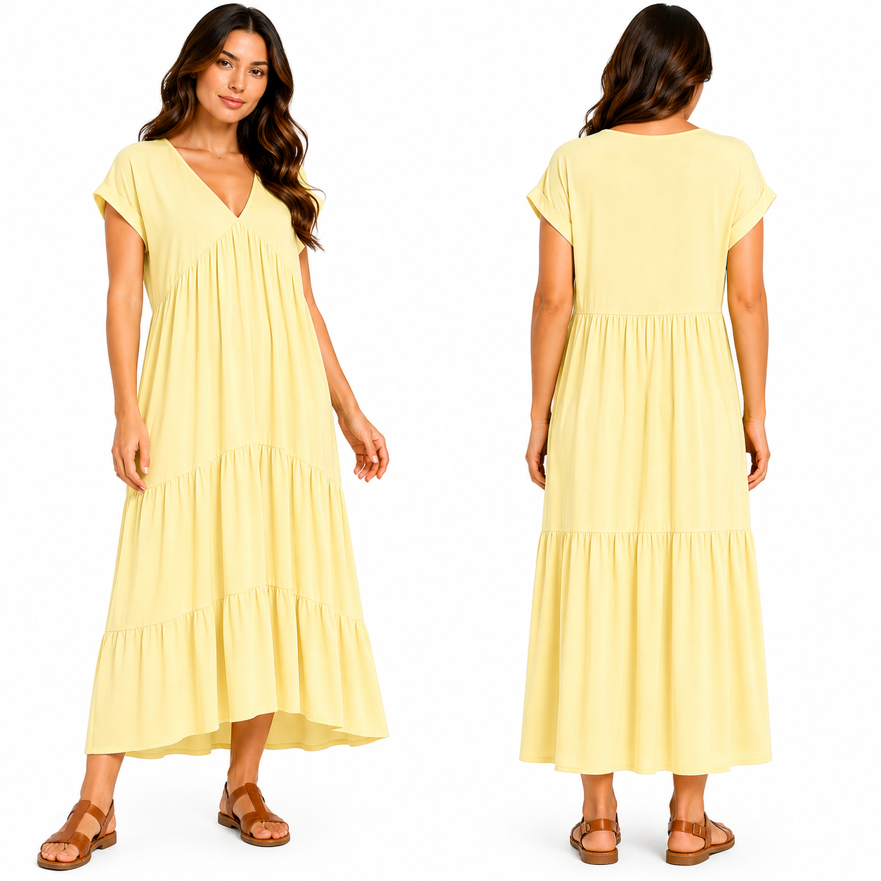 Robe Longue Fluide Femme 3 Volants – Col V Élégant & Coupe Ample Taille Unique