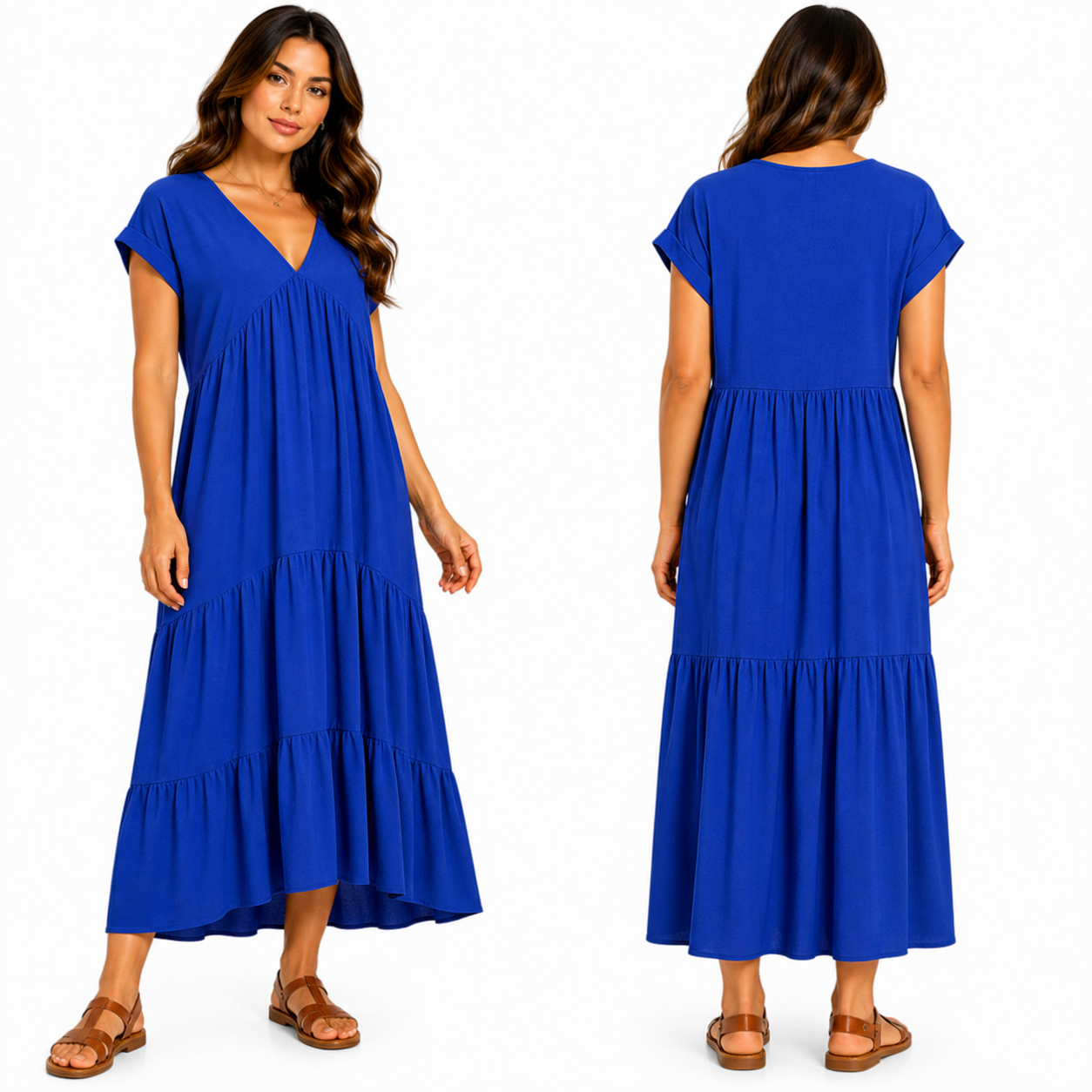 Robe Longue Fluide Femme 3 Volants – Col V Élégant & Coupe Ample Taille Unique