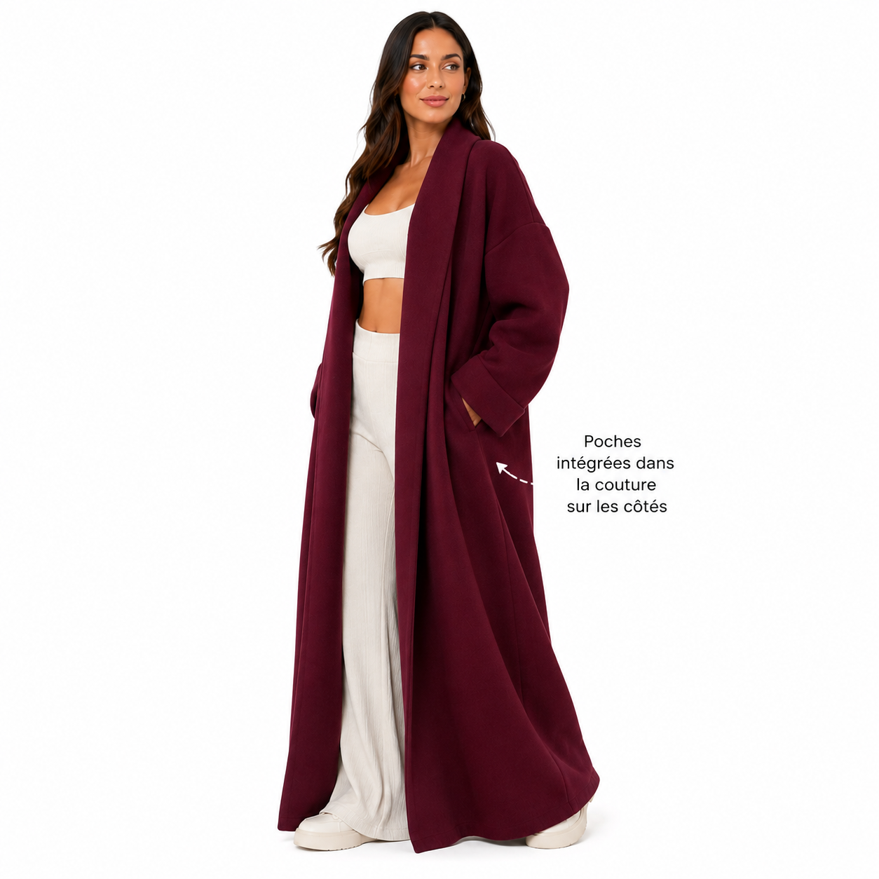 Gilet long 116 oversize femme avec poches – Cardigan ouvert élégant style cocoon
