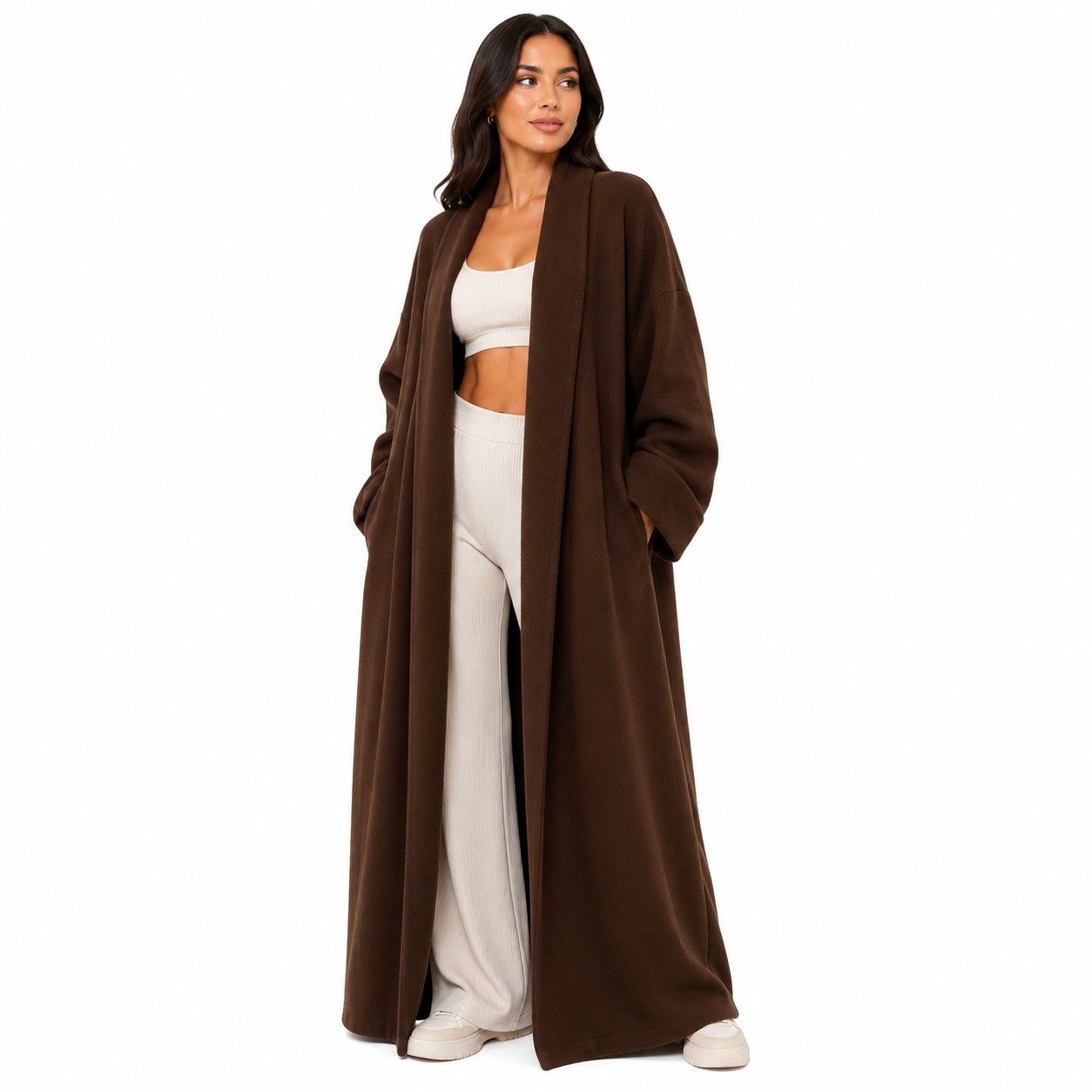 Gilet long 116 oversize femme avec poches – Cardigan ouvert élégant style cocoon