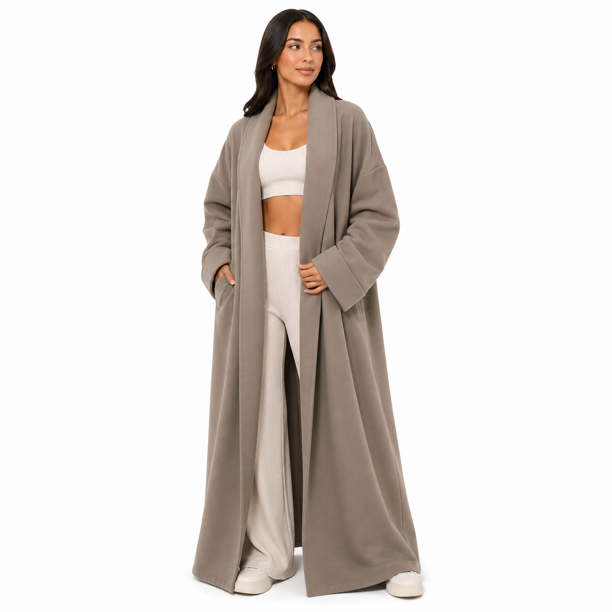 Gilet long 116 oversize femme avec poches – Cardigan ouvert élégant style cocoon