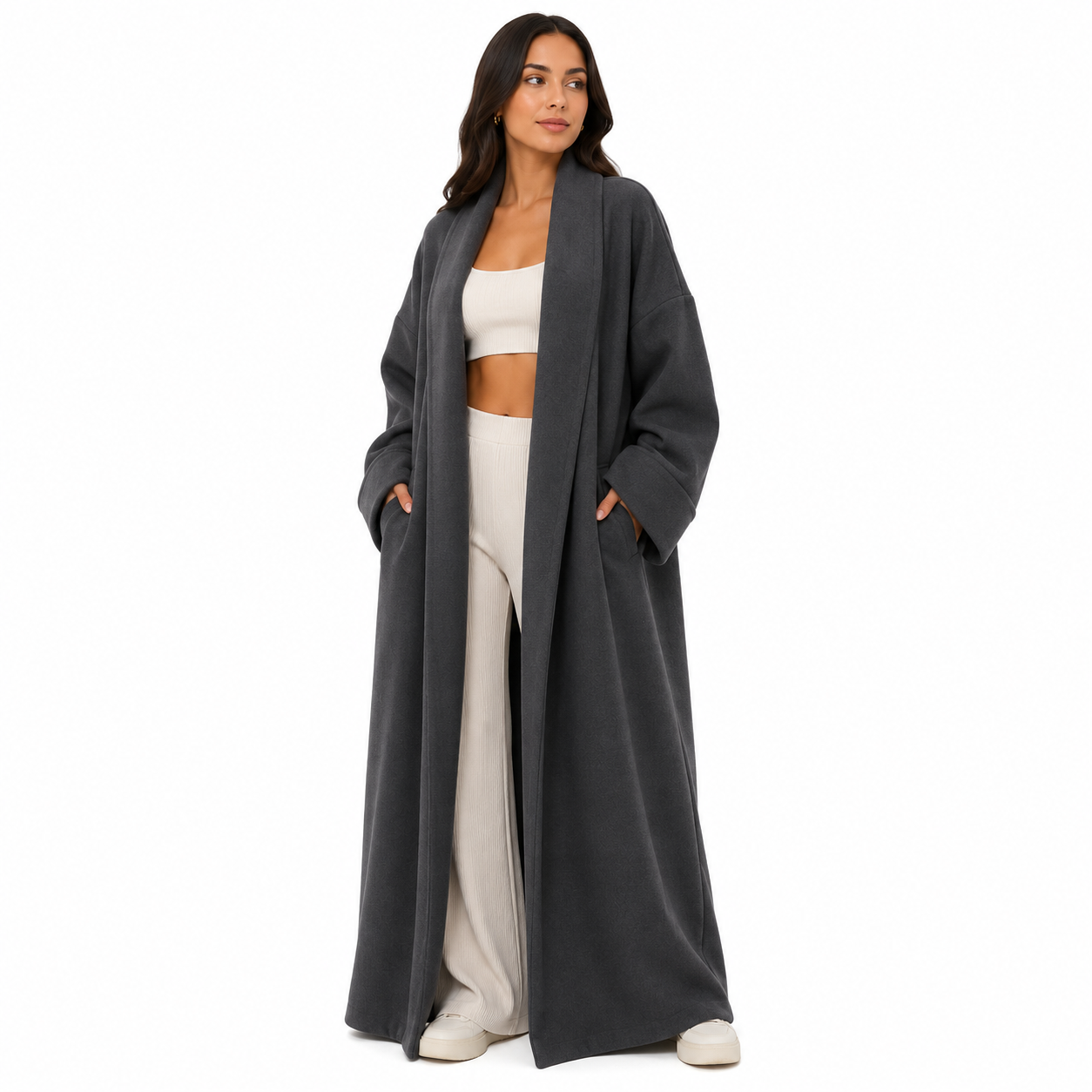Gilet long 116 oversize femme avec poches – Cardigan ouvert élégant style cocoon
