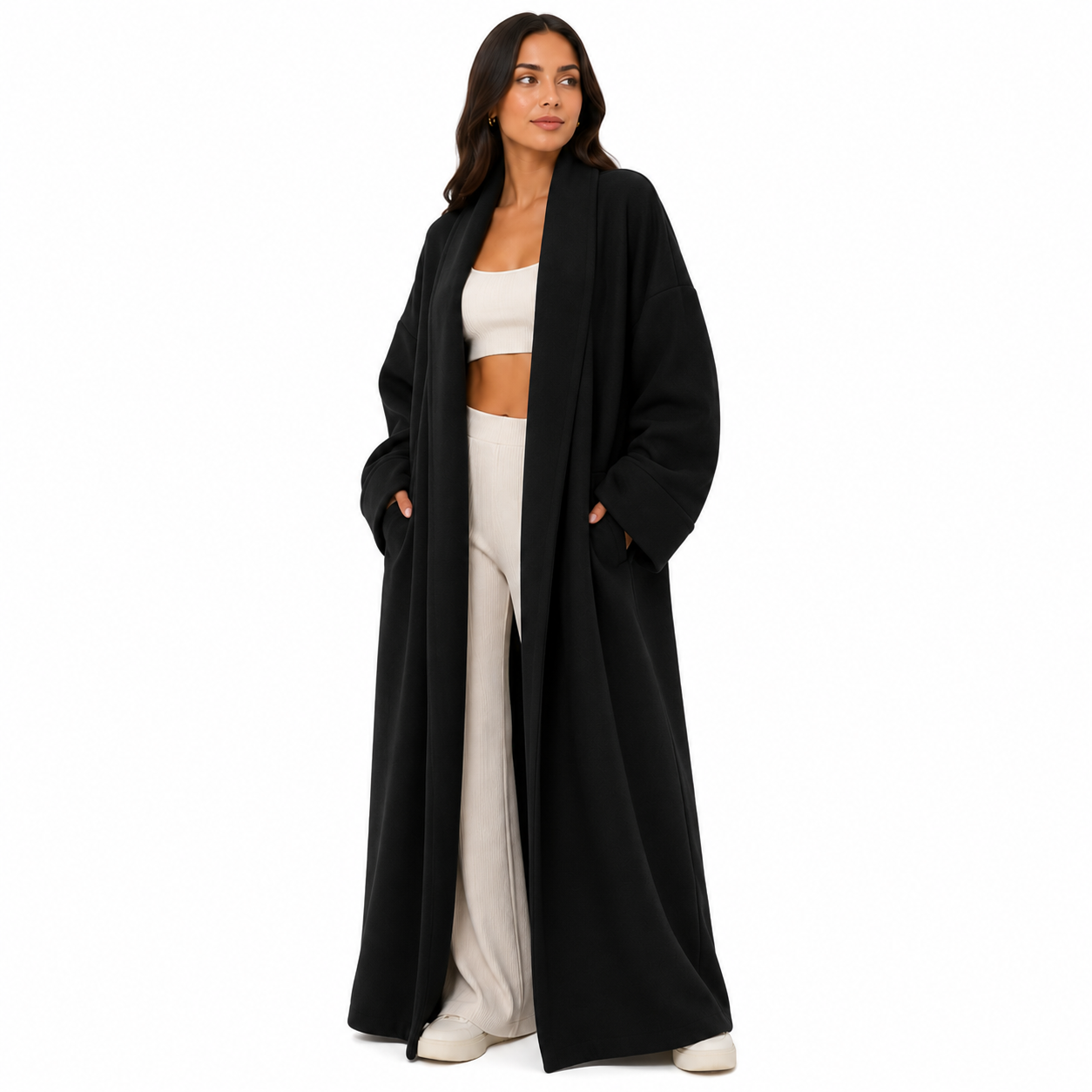 Gilet long 116 oversize femme avec poches – Cardigan ouvert élégant style cocoon