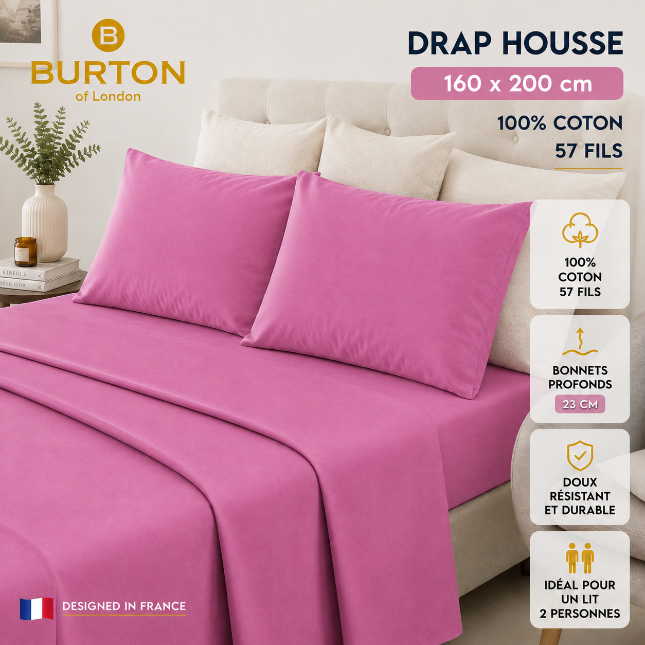 Drap-Housse 2 Places  Burton of London – 100% Coton 57 Fils – Doux, Confortable, Résistant et Durable