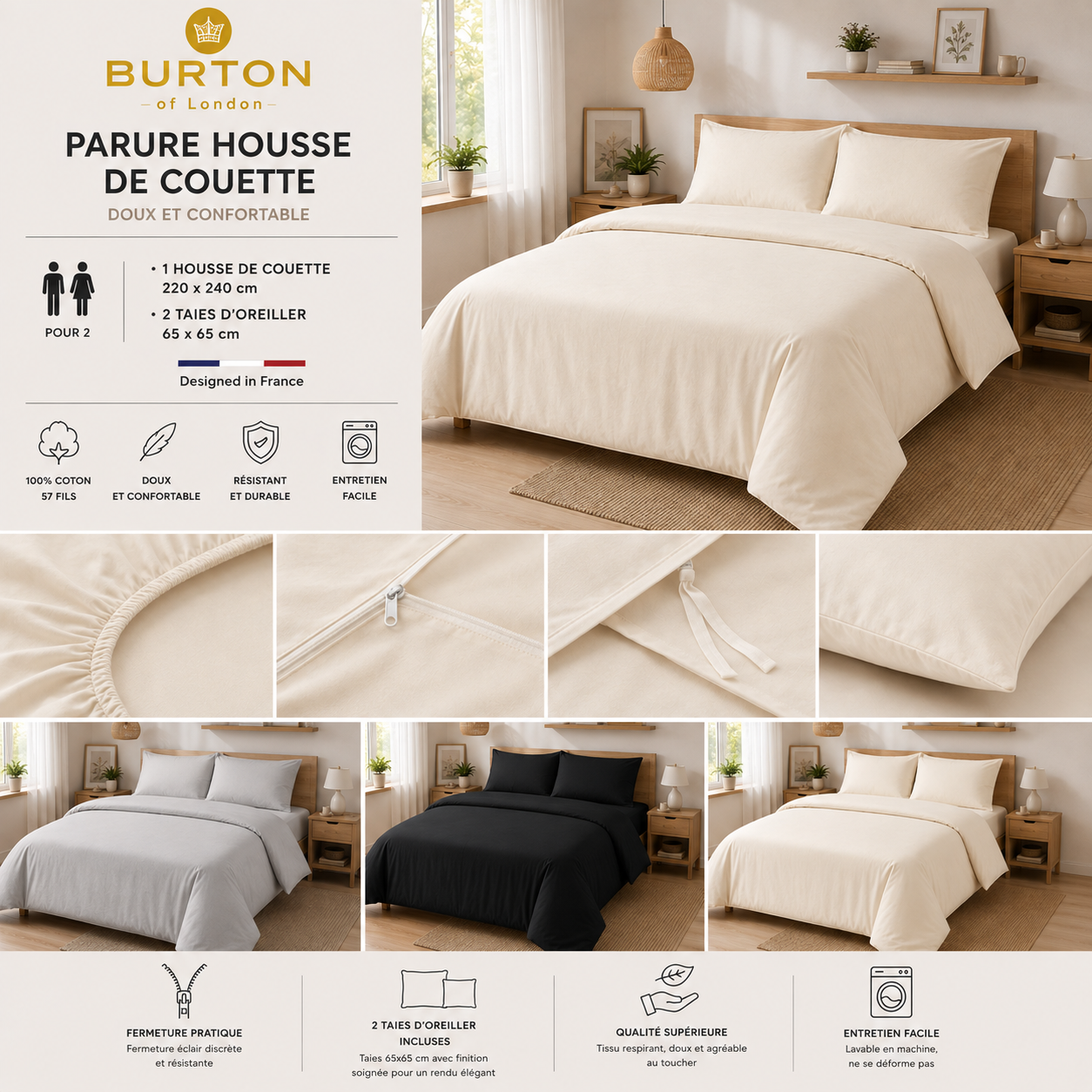 Parure Housse de Couette 2 Personnes Burton of London - Douce, Légère et Confortable