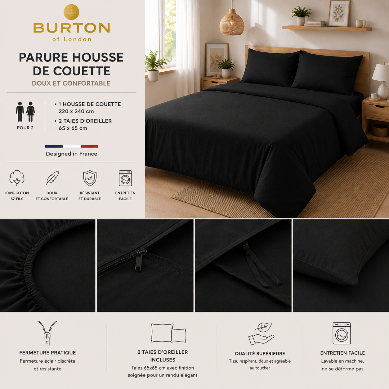 Parure Housse de Couette 2 Personnes Burton of London - Douce, Légère et Confortable