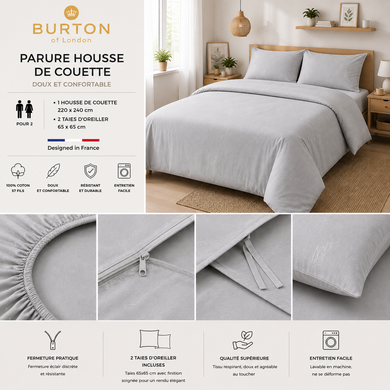 Parure Housse de Couette 2 Personnes Burton of London - Douce, Légère et Confortable